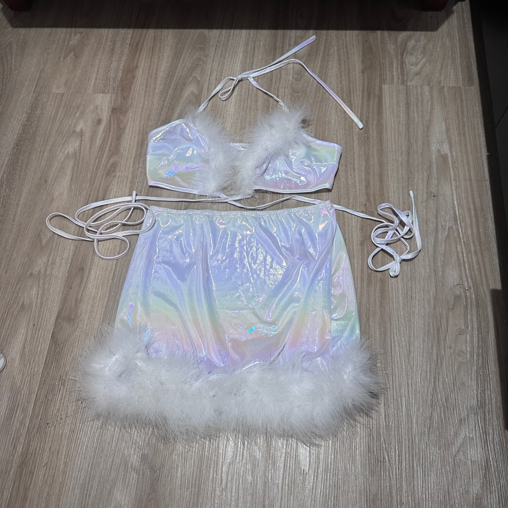 Iridescent Mini Skirt with Faux Fur Trim